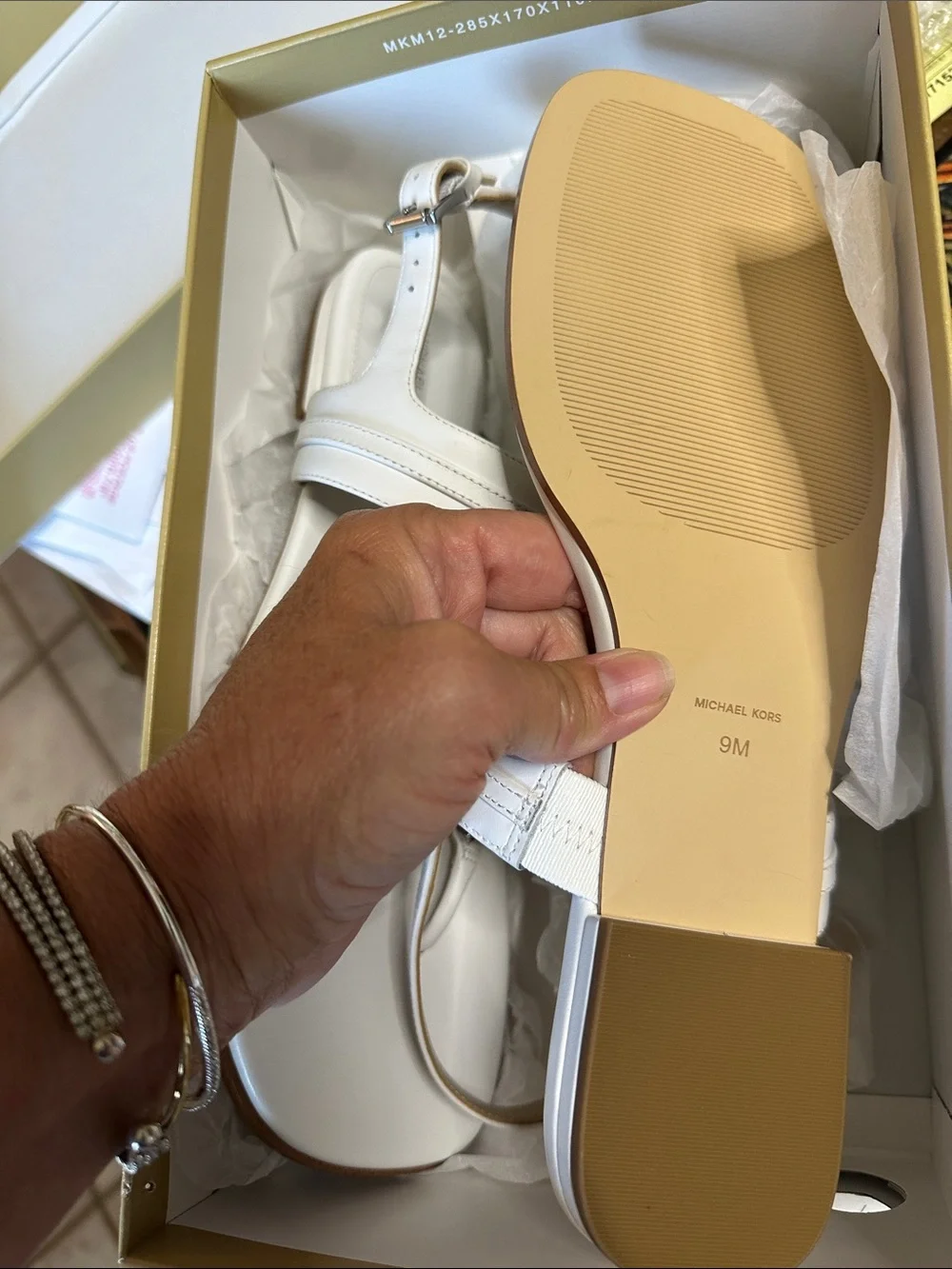 Michael Kors White Leather T-Strap Sandals with Silver Chain Detail